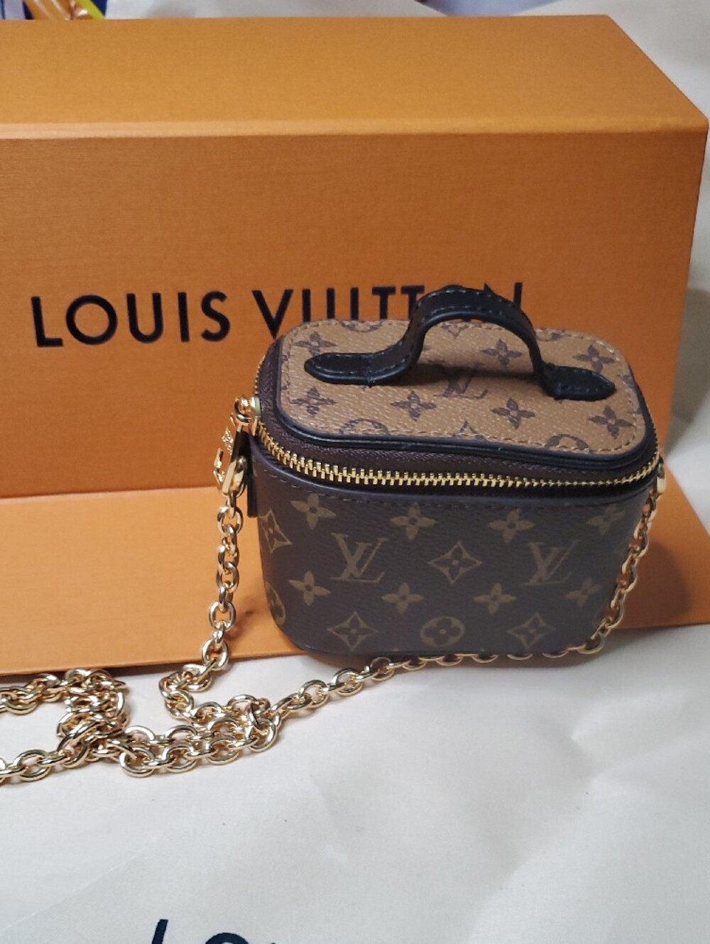 Monogram Mini Vanity Crossbody in Brown with Gold Chain - Picture 5 of 13
